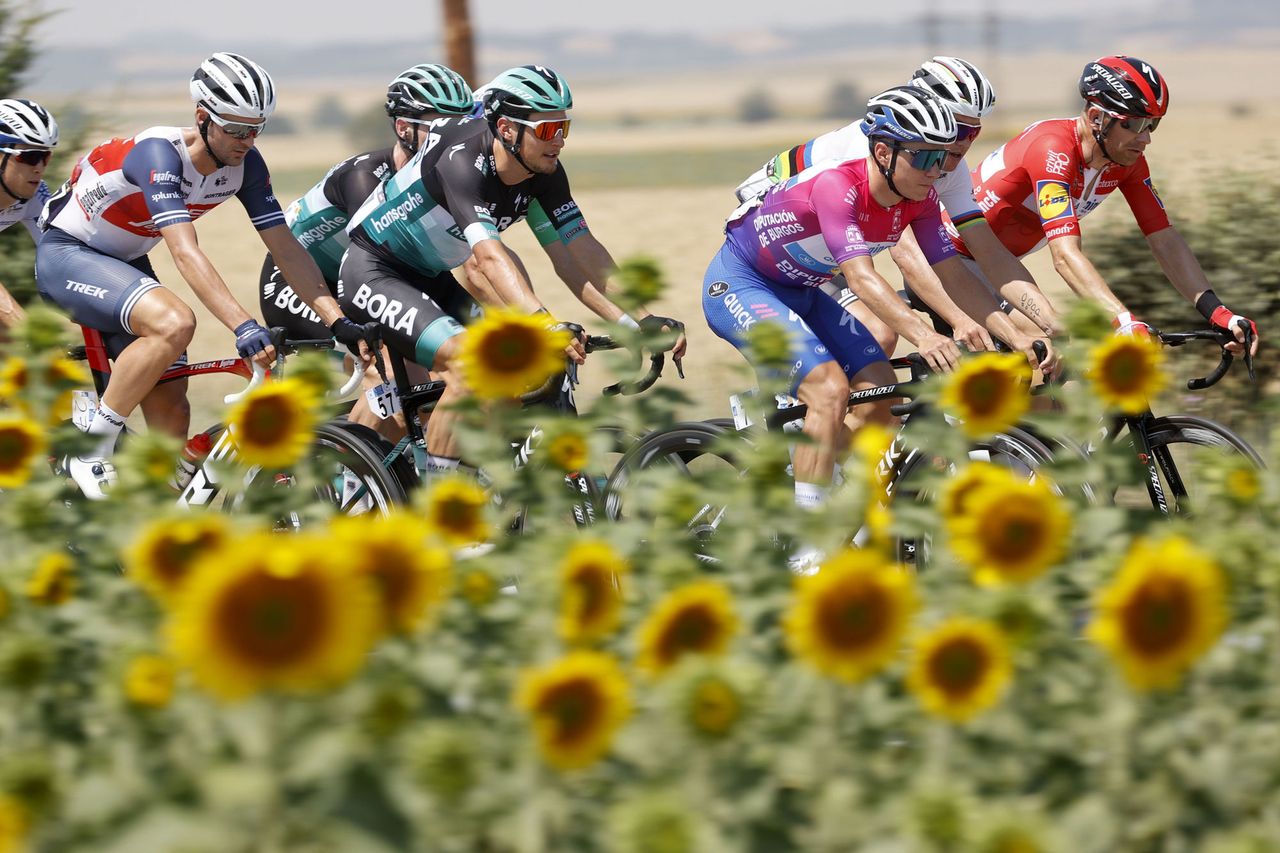 Race leader Remco Evenepoel in the Vuelta a Burgos peloton
