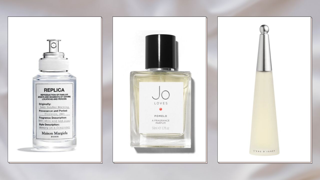 A selection of &#039;Fresh perfumes&#039; from brands including Maison Margiela, Joe Loves and Issey Miyake in a white bedding-style template