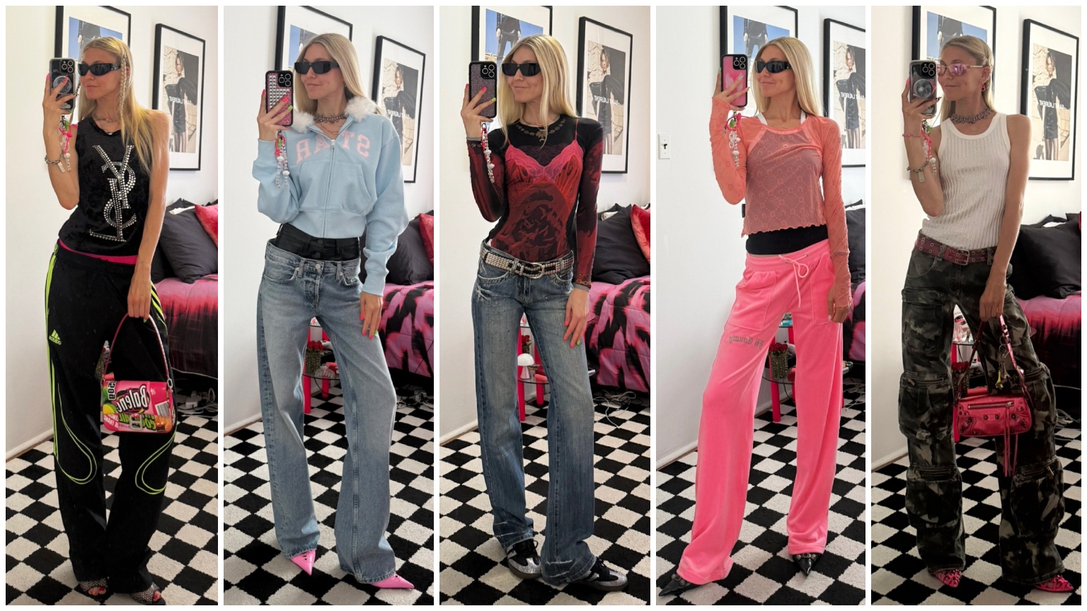 collage of Jessica Minkoff posing in mirror wearing 2000s-inspired outfits