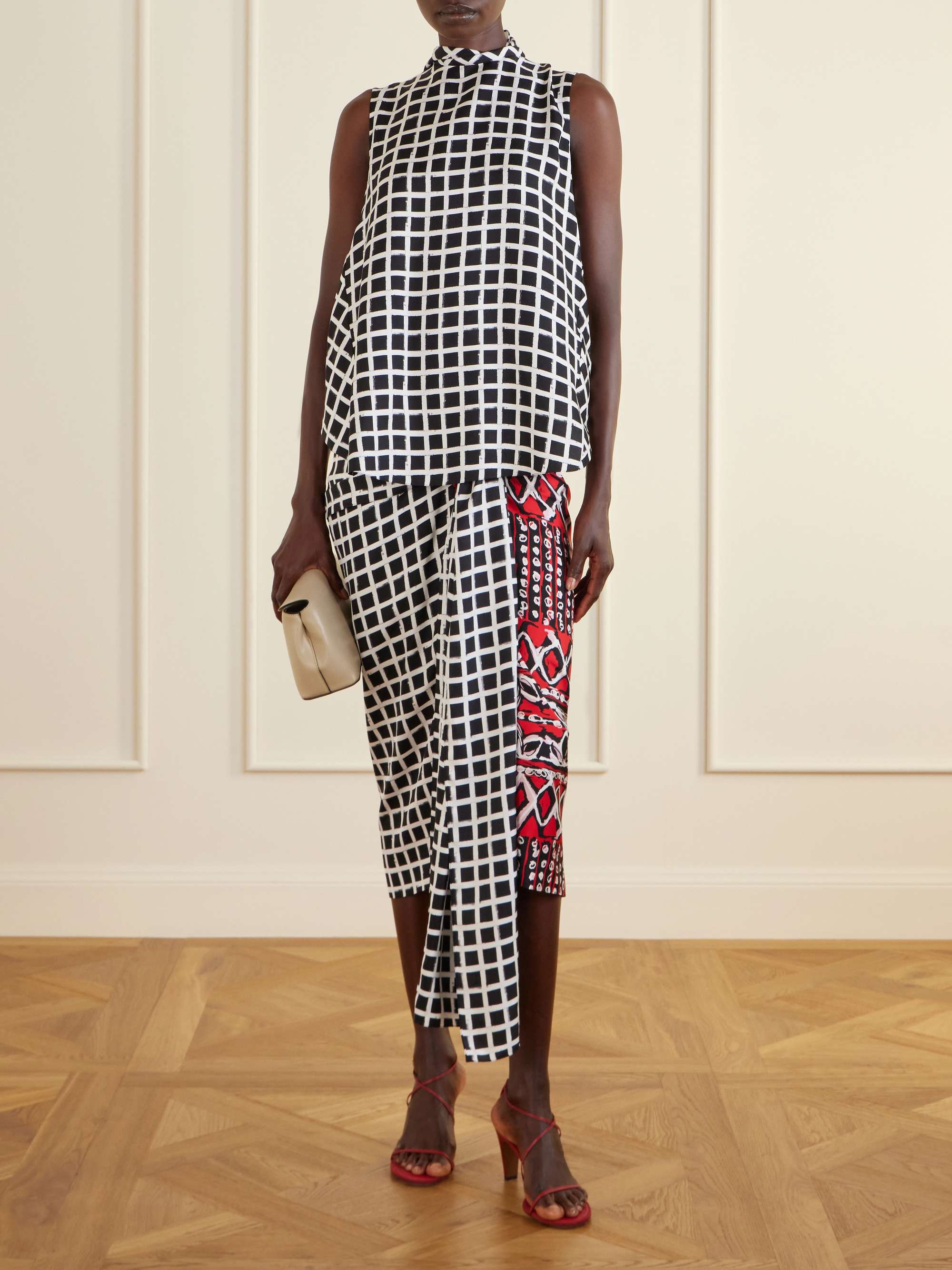 Asymmetric Belted Printed Silk Midi Skirt