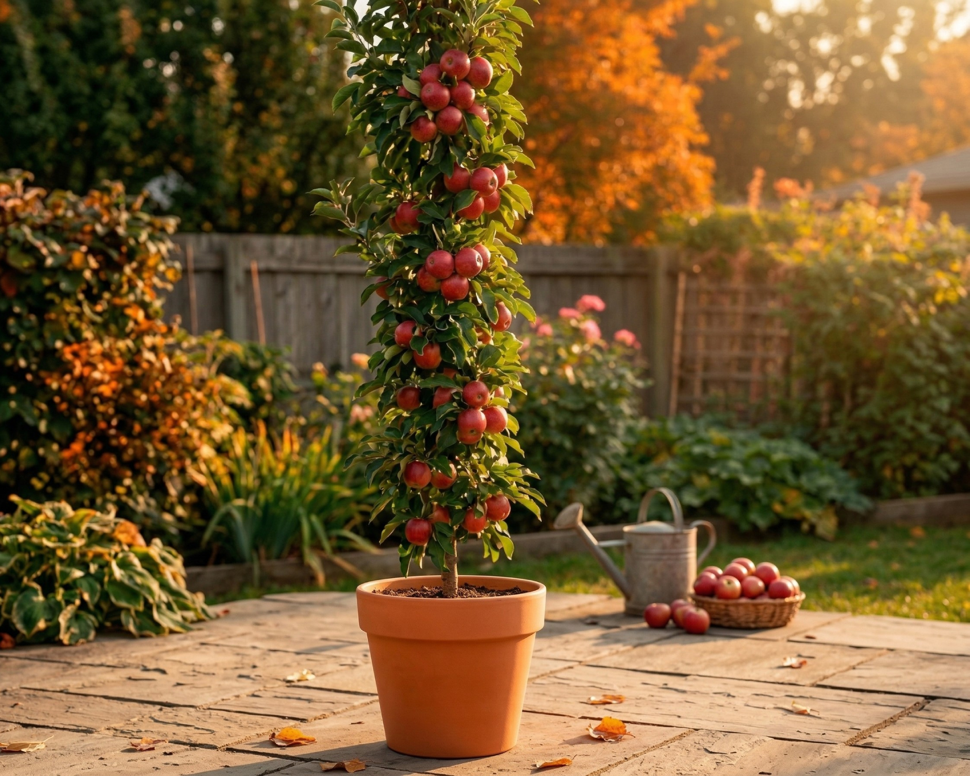 columnar apple tree growing in plant pot on patio in autumn