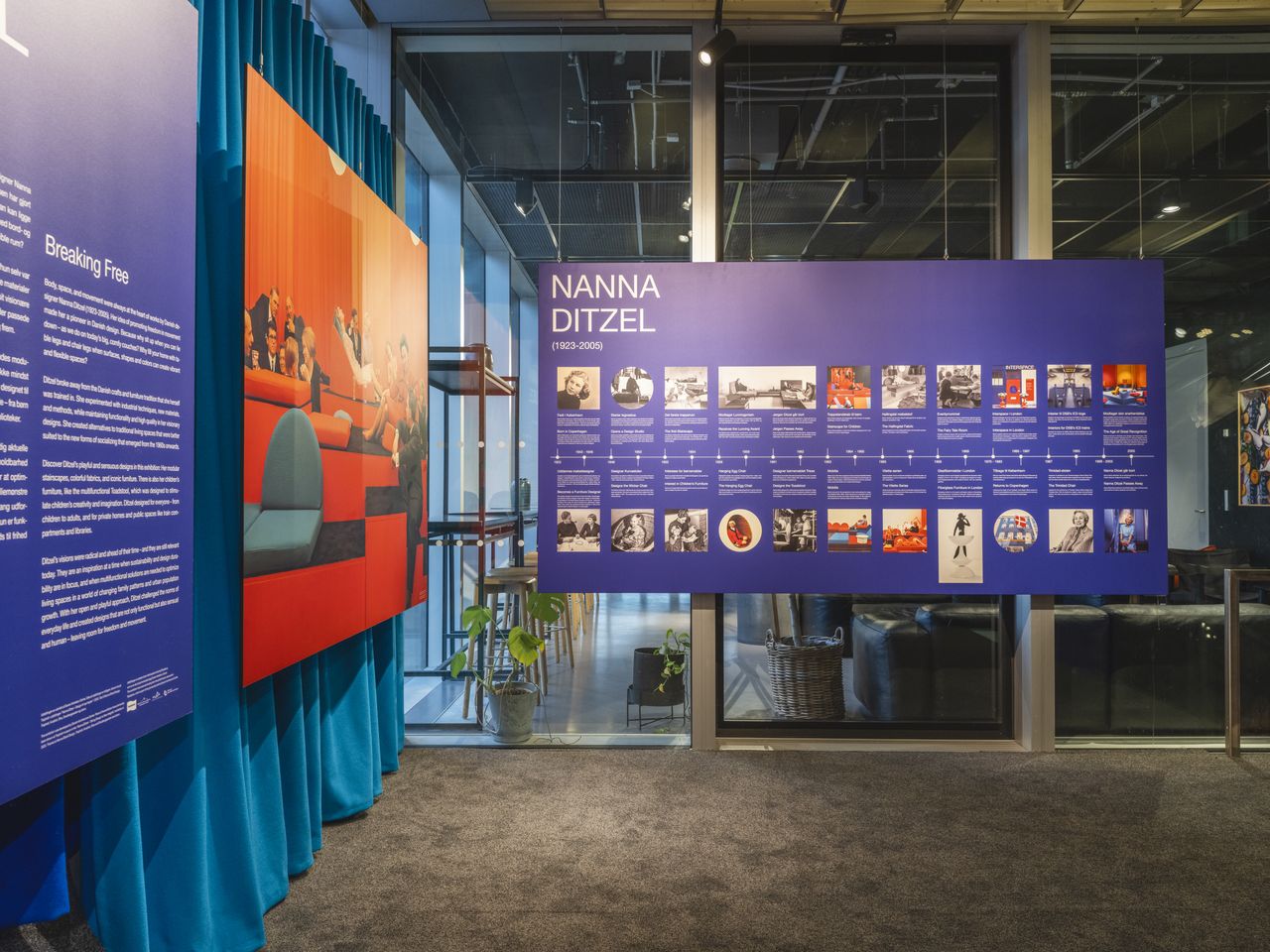 Red and blue exhibition spaces