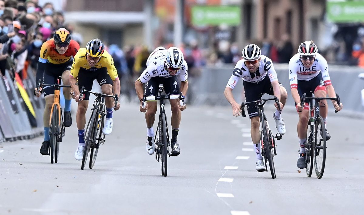 Liege Bastogne Liege 2020 106th Edition Liege Liege 257 km 04102020 Tadej Pogacar SLO UAE Team Emirates Marc Hirschi SUI Team Sunweb Primoz Roglic SLO Team Jumbo Visma Julian Alaphilippe FRA Deceuninck Quick Step Matej Mohoric SLO Bahrain McLaren photo Peter De VoechtPNBettiniPhoto2020