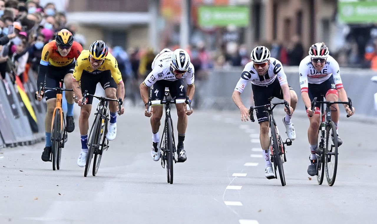 Liege Bastogne Liege 2020 106th Edition Liege Liege 257 km 04102020 Tadej Pogacar SLO UAE Team Emirates Marc Hirschi SUI Team Sunweb Primoz Roglic SLO Team Jumbo Visma Julian Alaphilippe FRA Deceuninck Quick Step Matej Mohoric SLO Bahrain McLaren photo Peter De VoechtPNBettiniPhoto2020