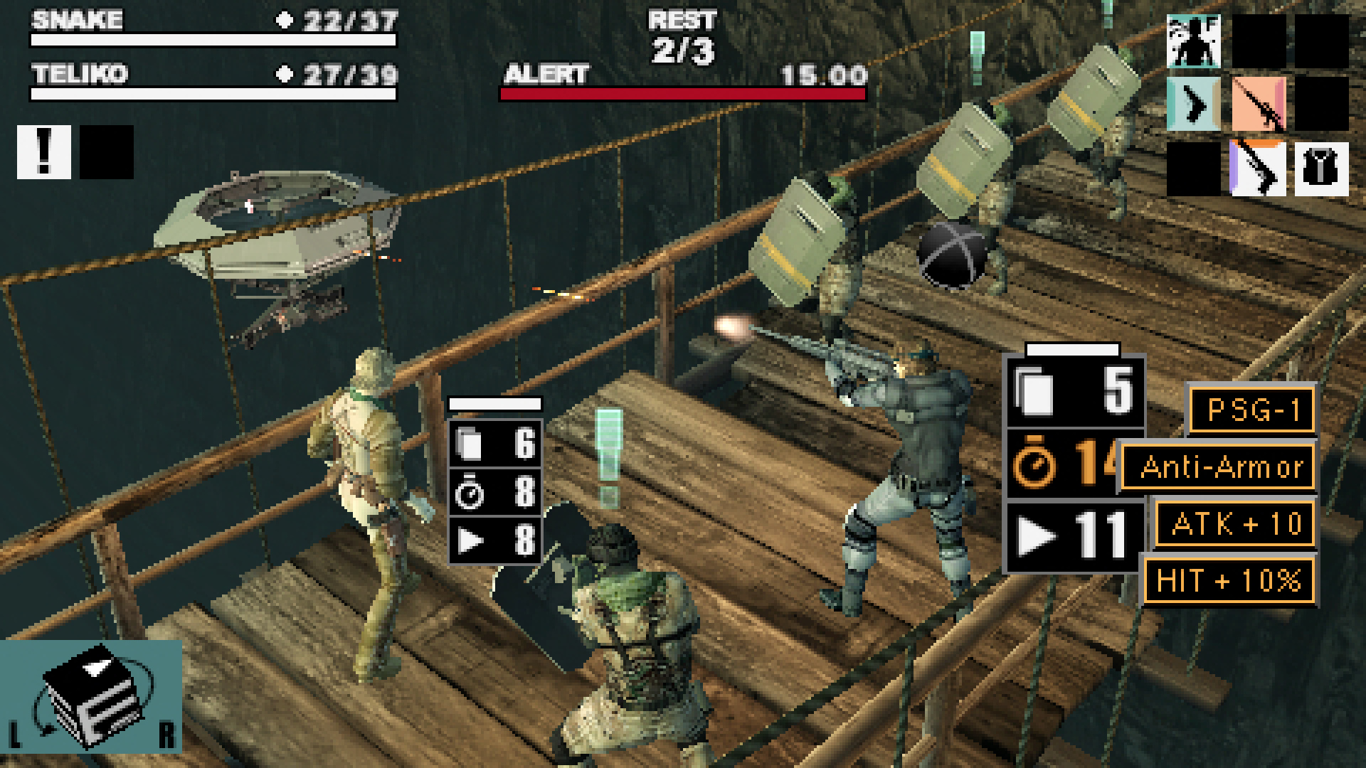 Snake and Teliko fight enemies on the bridge from Metal Gear Solid 3 in Metal Gear Acid during an Alert status