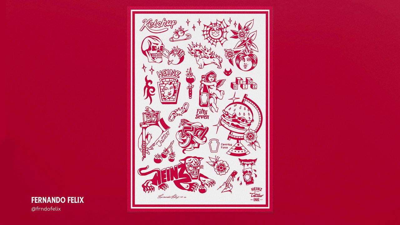 A shot of various tattoo stencils designed to resemble the Heinz branding on a red background