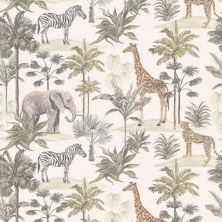 wallpaper design with giraffe, elephants, zebra, palm trees and cheetahs