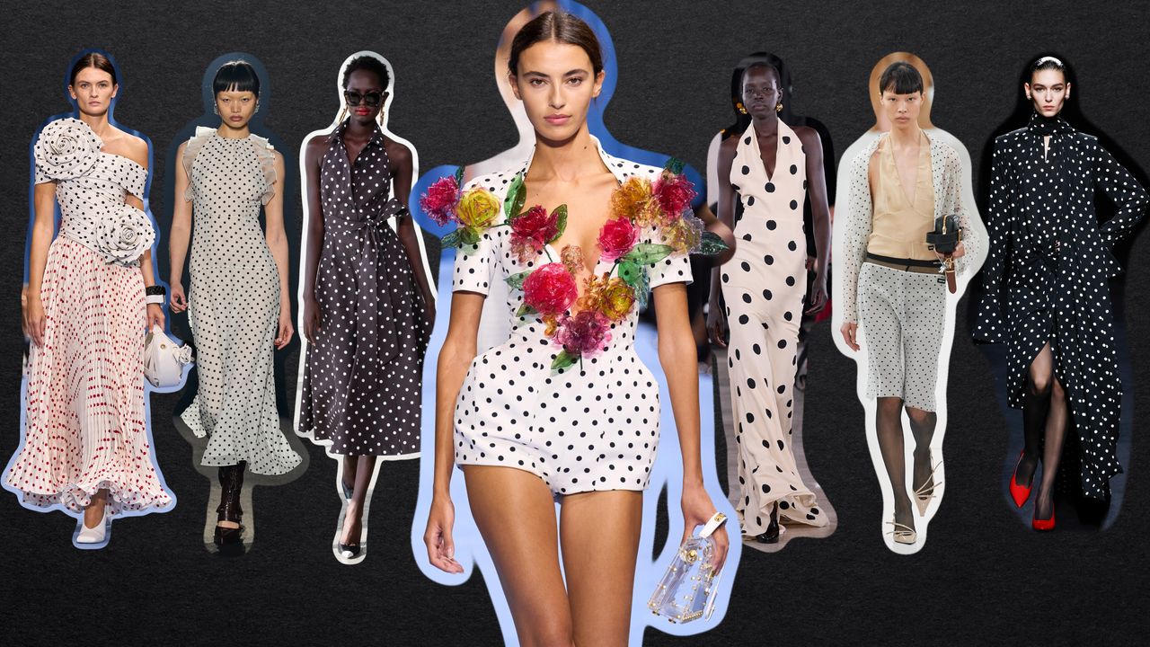 a collage of the polka dot trend worn by models on the runway