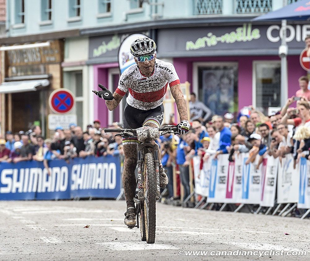 "That's racing", Nino Schurter (Scott-Odlo MTB Racing Team) seems to say as he crosses the line in 4th - after 2 flats
