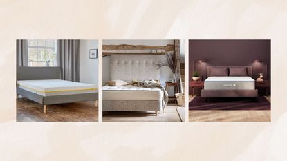 The best cooling mattresses: the Eve Sleep Premium, Naturalmat The Superb, and Nectar&#039;s Hybrid Mattress on a pink woman&amp;home background