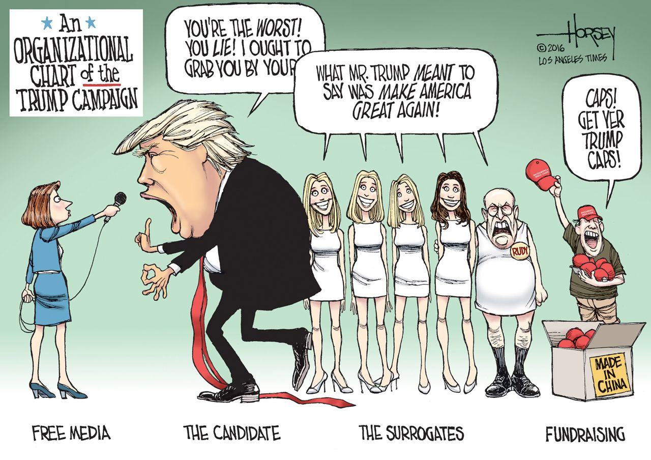 Political cartoon U.S. Donald Trump campaign 2016 election