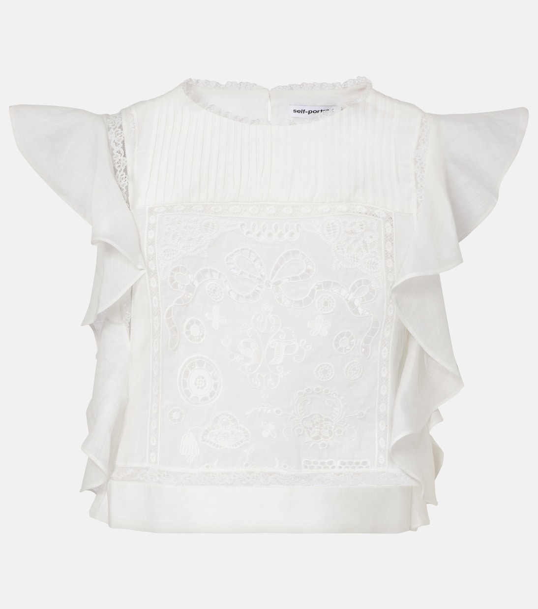 Embroidered Ruffled Top in White - Self Portrait