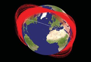 Known orbit planes of Fengyun-1C debris one month after its 2007 disintegration by a Chinese anti-satellite (ASAT) interceptor. The white orbit represents the International Space Station.