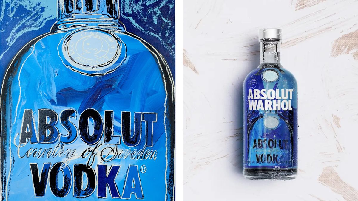 Absolut Blue painting by Andy Warhol, and the corresponding vodka bottle design