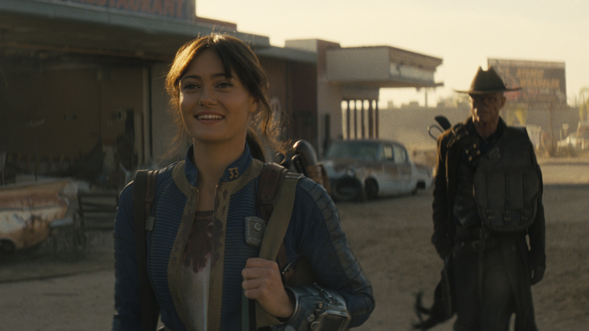Lucy (Ella Purnell) and the Ghoul (Walton Goggins) in Fallout