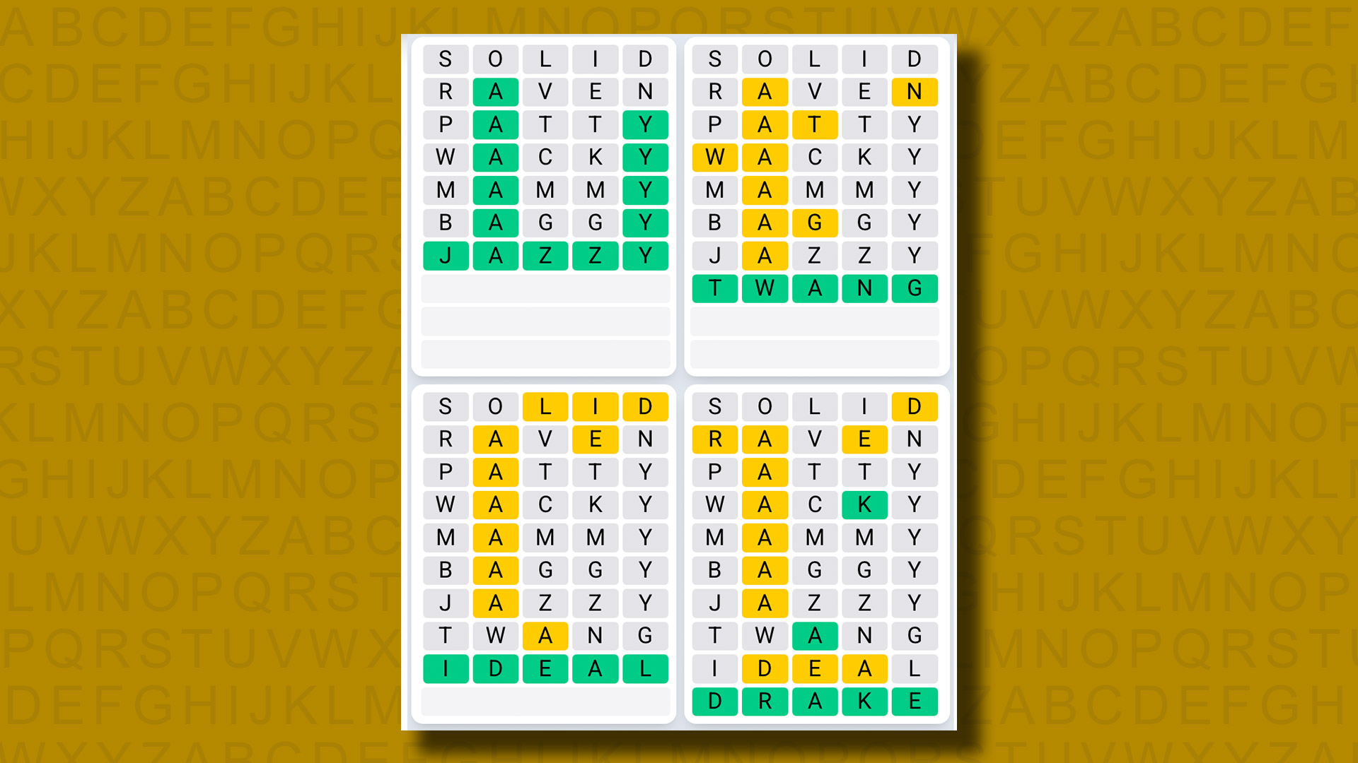 Quordle Daily Sequence answers for game 1328 on a yellow background