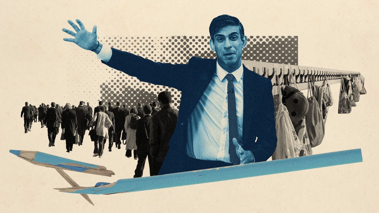 A photo collage of Rishi Sunak gesturing towards a throng of office workers with their backs to the camera. To his left, there is a rack of preschoolers&#039; items, backpacks, shoes. At the bottom of the image, there is a broken blue pencil crayon.