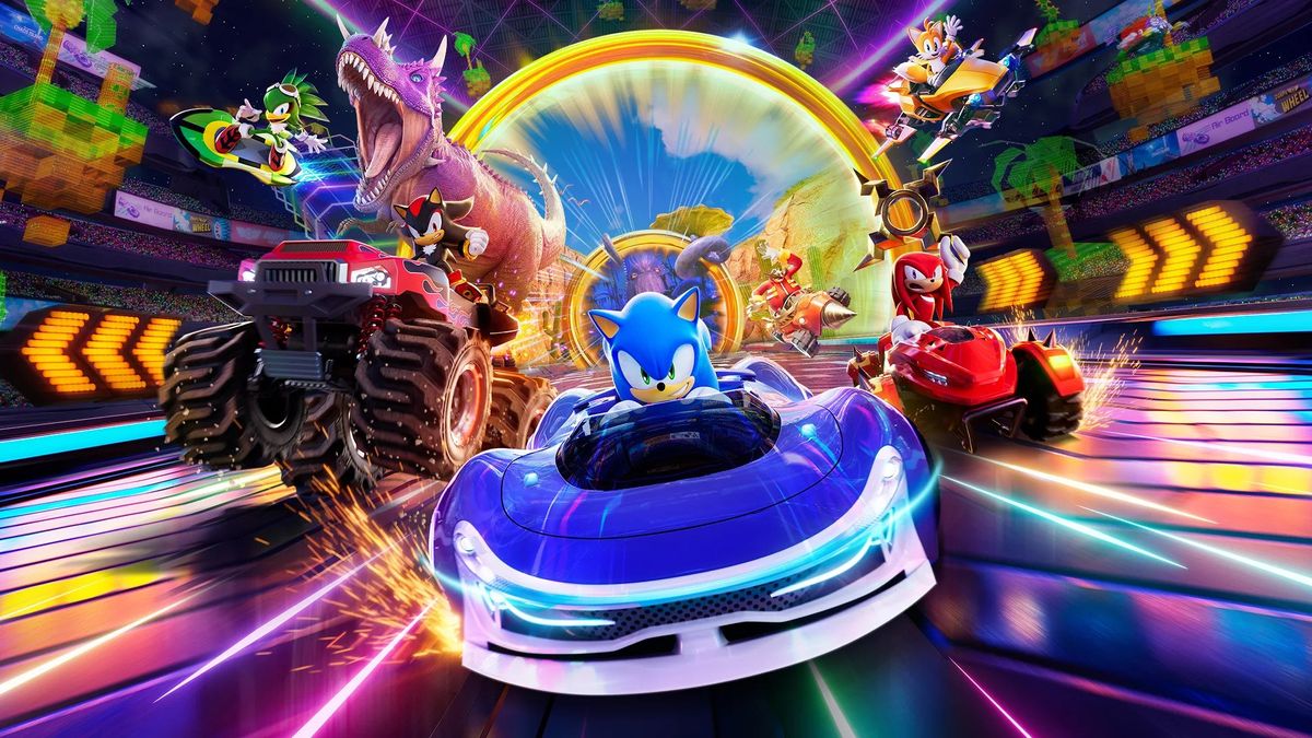 Jet The Hawk, Shadow The Hedgehog, Sonic The Hedgehog, Knuckles The Echidna, Eggman, and Tails The Fox race towards us on a variety of vehicles in Sonic Racing CrossWorlds, emerging from ring portals depicting various levels from Sonic history