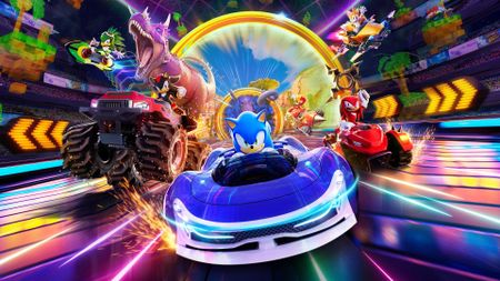 Jet The Hawk, Shadow The Hedgehog, Sonic The Hedgehog, Knuckles The Echidna, and Tails The Fox race towards us on a variety of vehicles in Sonic Racing CrossWorlds, emerging from ring portals depicting various levels from Sonic history