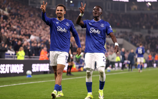  Iliman Ndiaye of Everton celebrates scoring his team's third goal with teammate Idrissa Gueye during the Premier League match between Everton and Chelsea