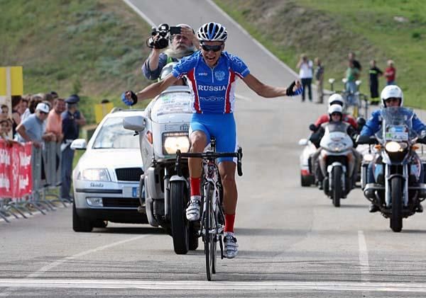 Egor Silin (Russian National Team) arrives at the finish in first place with lots of time to celebrate.