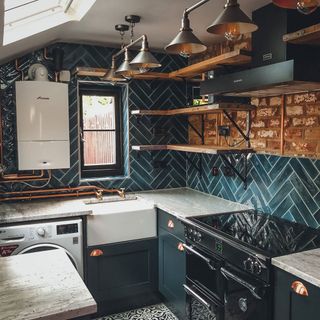 kitchen with geometric blue tile and and brick wall