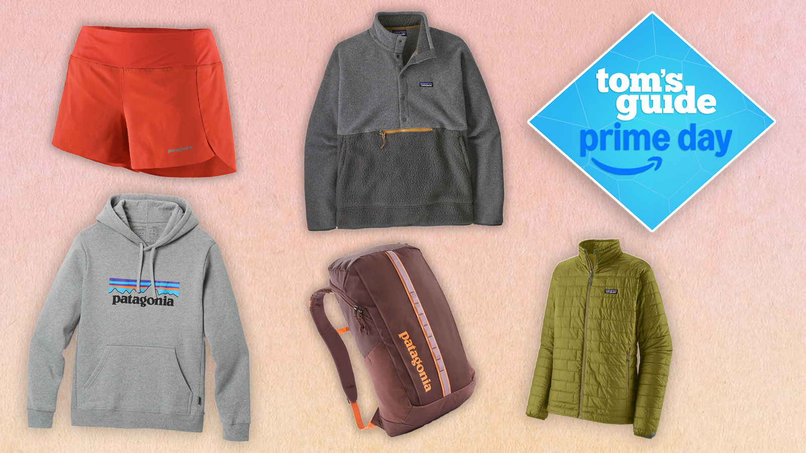 a composite image on a peach background with a blue diamond tom&#039;s guide prime day deal badge, showing patagonia shorts, patagonia nano puff jacket, patagonia backpack, patagonia hoody, and patagonia fleece