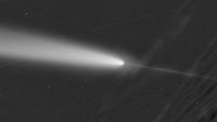 A black and white photo of a comet with a bright tail and a second fainter line coming off of it in the other direction