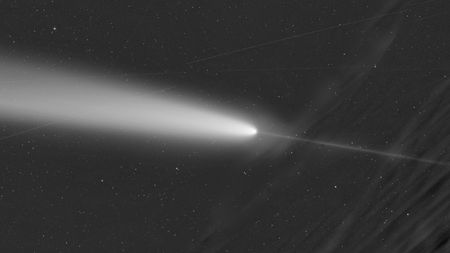 A black and white photo of a comet with a bright tail and a second fainter line coming off of it in the other direction