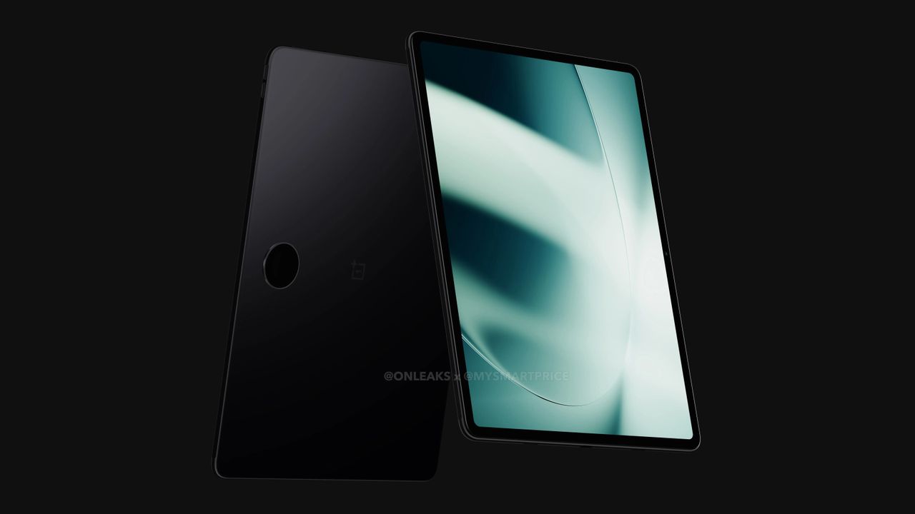 A render of the OnePlus Pad, in black on a black background