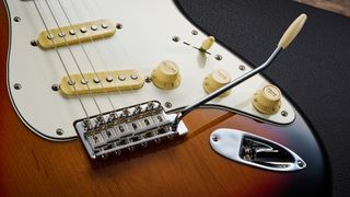 A close-up shot of the Fender Steve Lacy Strat