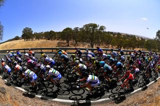 women's peloton on a road under a clear blue sky