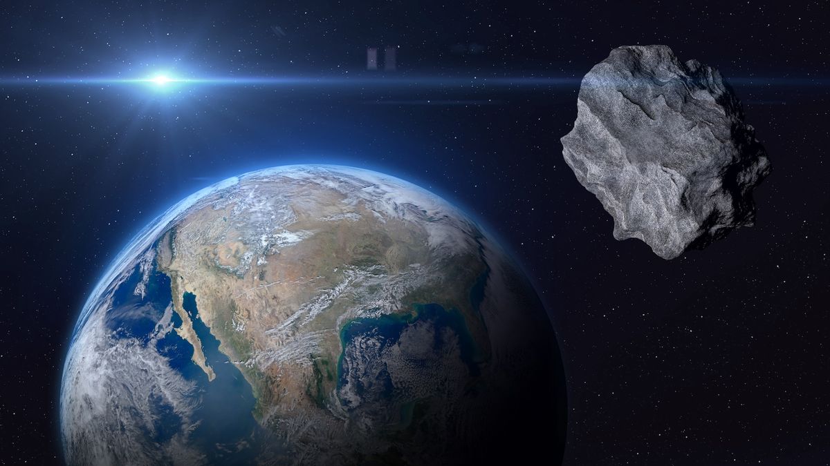 an illustration of a large asteroid approaching earth