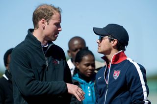 Prince William and singer Joe Jonas attend Coaching For Conservation Project, which marries football skills to wildlife protection, at Maun Stadium on June 16, 2010 in Maun, Botswana.