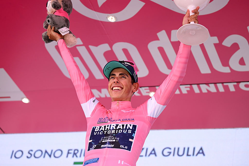 CHIAVARI, ITALY - MAY 20: Afonso Eulalio of Portugal and Team Bahrain - Victorious celebrates at podium as Pink Leader Jersey winner the 109th Giro d&amp;amp;apos;Italia 2026, Stage 11 a 195km stage from Porcari to Chiavari / #UCIWT / on May 20, 2026 in Chiavari, Italy. (Photo by Dario Belingheri/Getty Image)