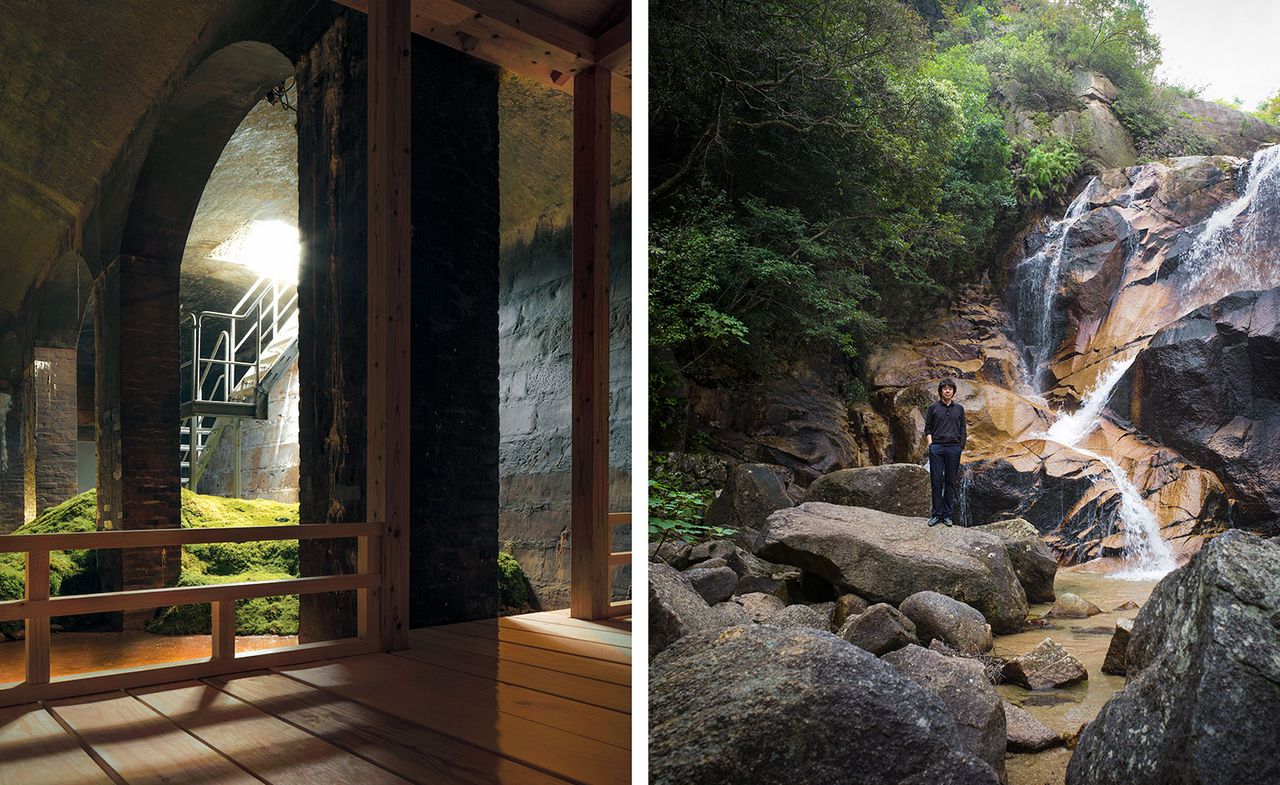 Left: wooden walkway in an arched, underground space. Right: the architect in front of the waterway