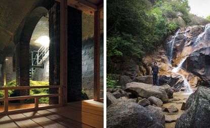 Left: wooden walkway in an arched, underground space. Right: the architect in front of the waterway