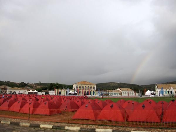 A rainbow over tent city.