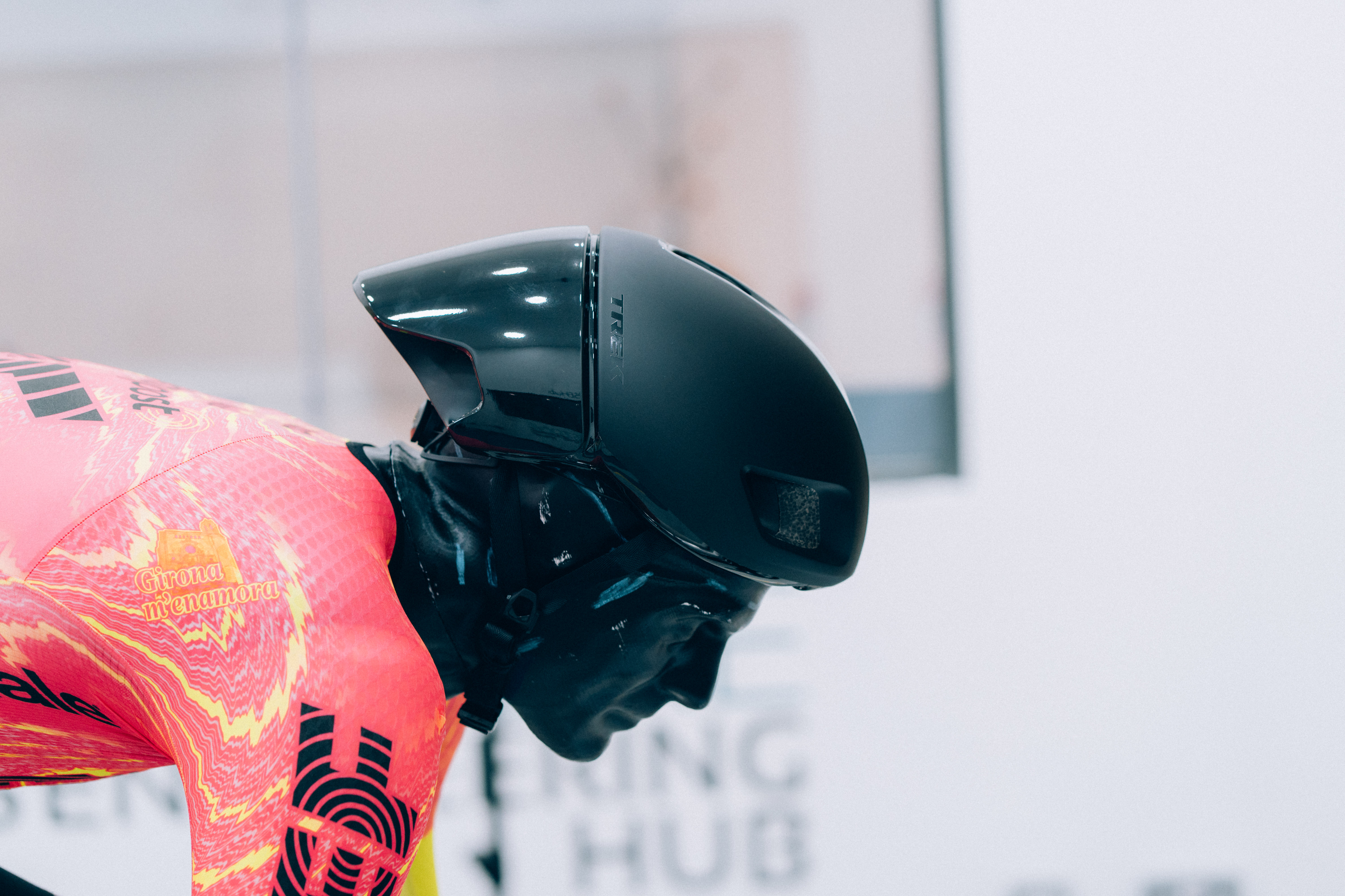 A close up of helmets being tested in the wind tunnel