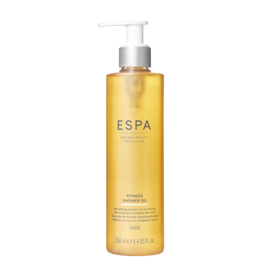 A product shot of the ESPA Fitness Shower Oil, on a white background