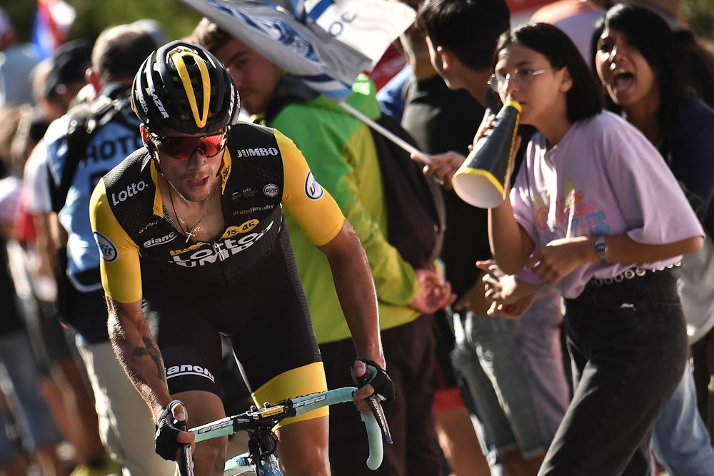 Primoz Roglic (LottoNL-Jumbo) on the attack near the end of stage 14 at the Tour de France