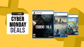 PS5 games on a yellow background with Cyber Monday deals badge