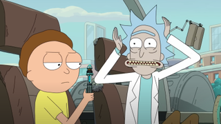 Rick freaking out while Morty holds a device in Rick and Morty Season 7