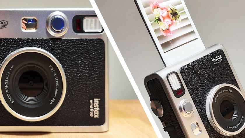 The front and side of the Fujfilm Instax Mini Evo instant camera