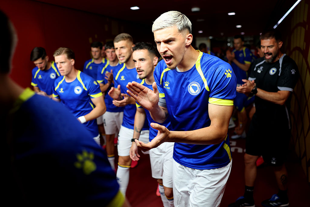Tarik Muharemovic #4 of Bosnia and Herzegovina reacts before the FIFA World Cup 2026 Group B match between Canada and Bosnia and Herzegovina at Toronto Stadium on June 12, 2026 in Toronto, Ontario