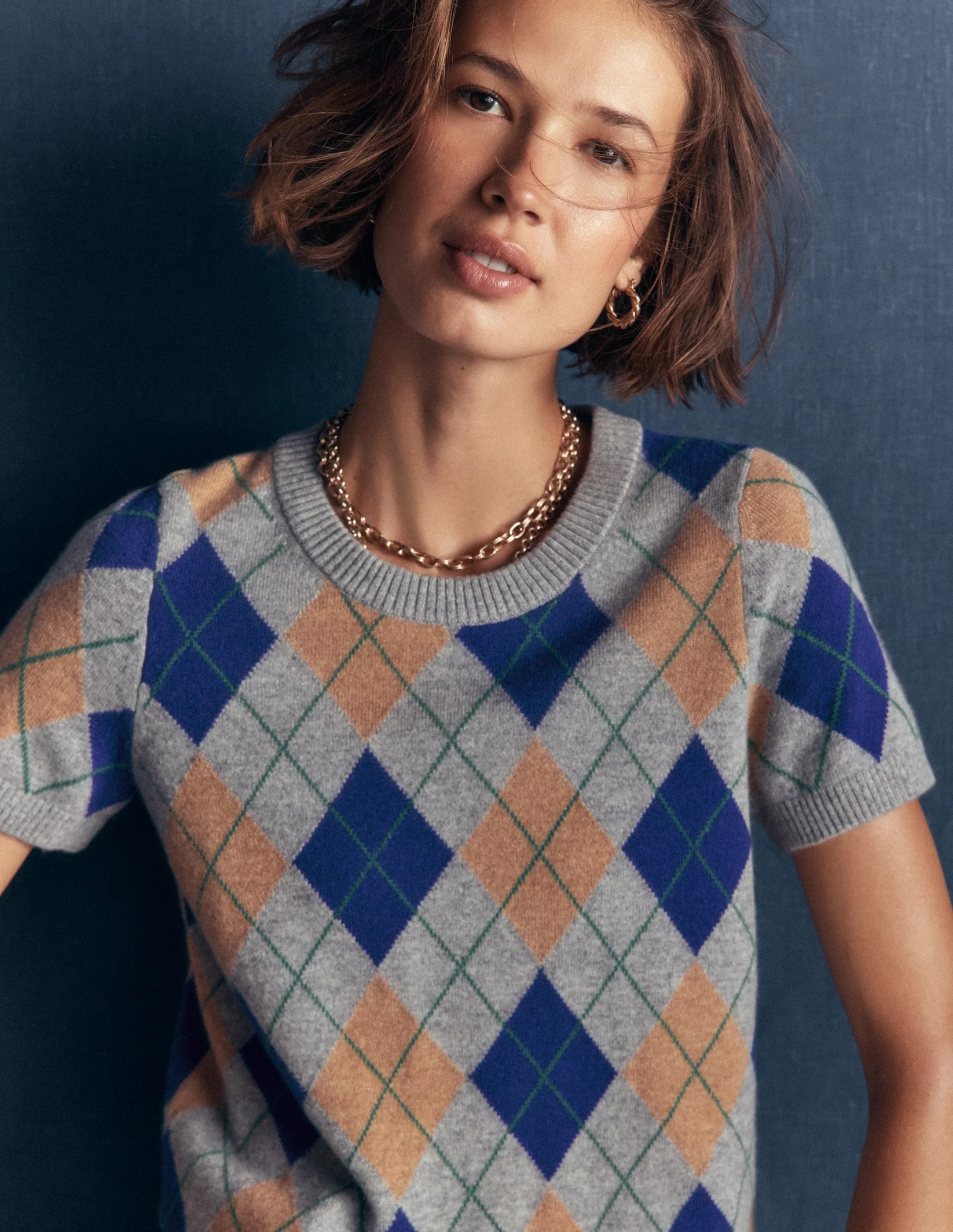 Boden, Elsie Cashmere Crew T-Shirt-Grey, Argyle