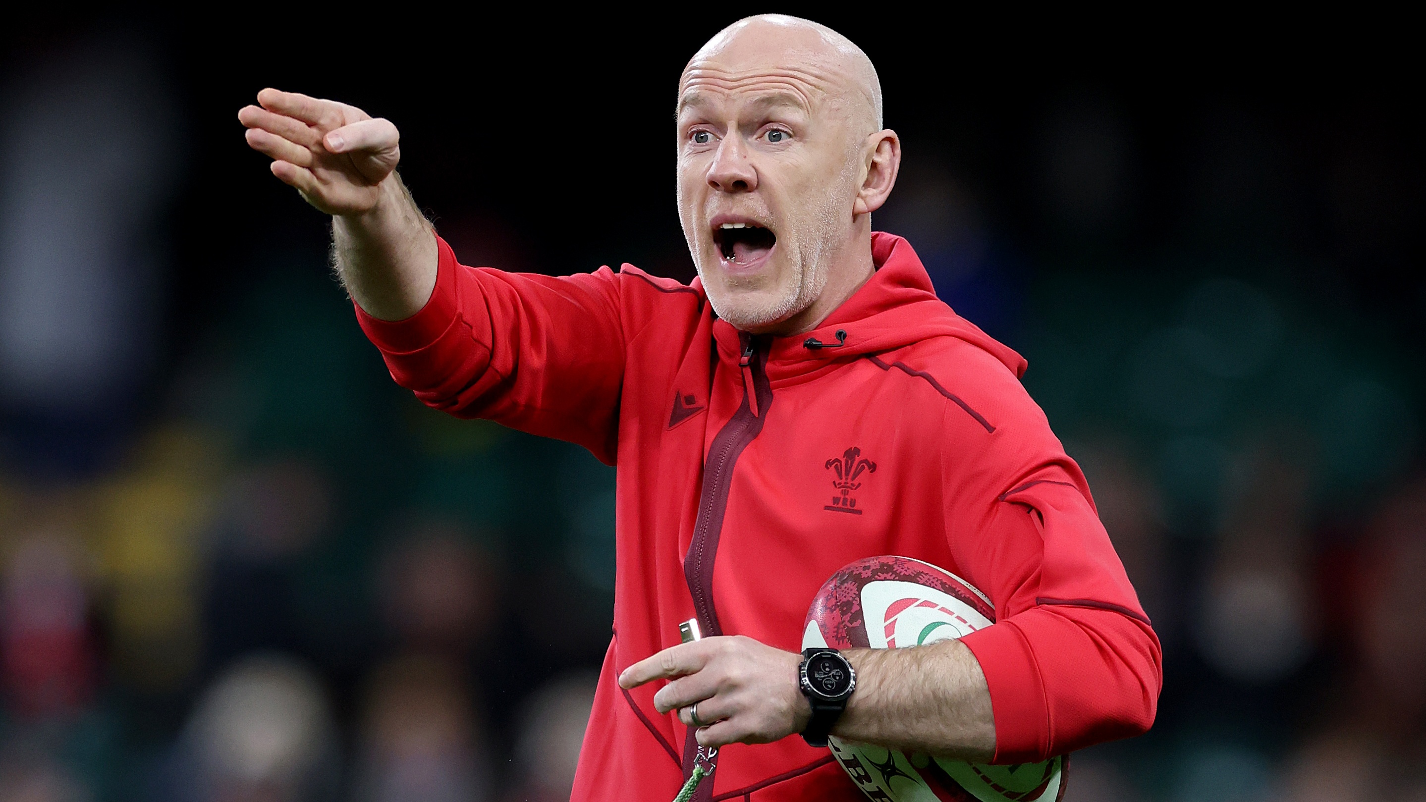 Steve Tandy, Head Coach of Wales, gestures to his player whilst they warm up prior to the Quilter Nations Series 2025 match between Wales and New Zealand at the Principality Stadium on November 22, 2025 in Cardiff, Wales.