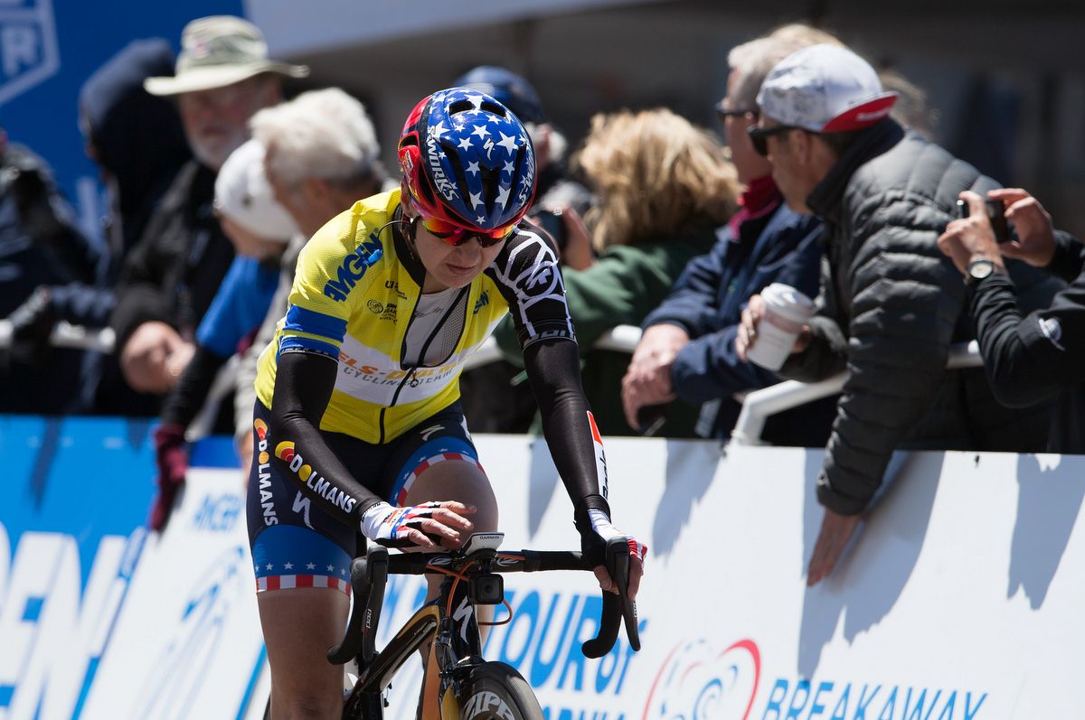 Megan Guarnier (Boles Dolmans) hits stop on her Garmin after finishing the stage