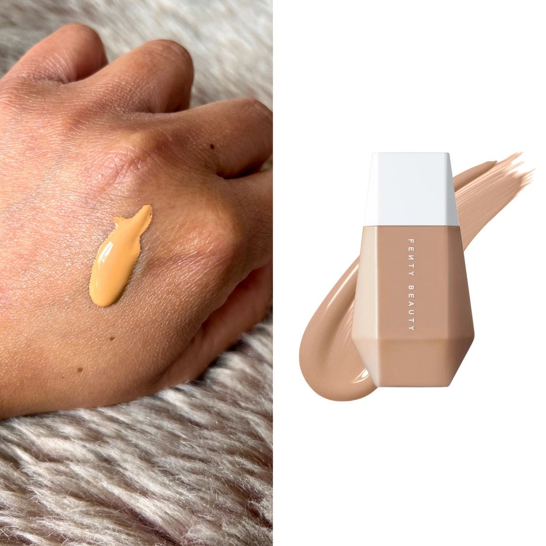 Aleesha's hand with a drop of Fenty Beauty Eaze Drop blurring skin tint, next to a shot of the product