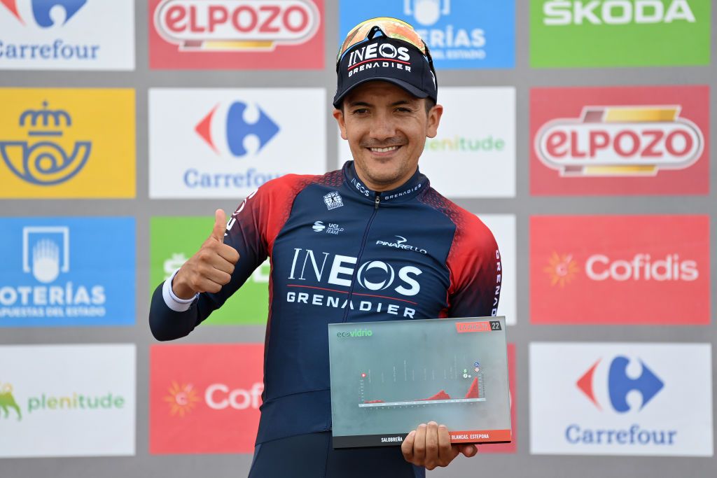 ESTEPONA SPAIN SEPTEMBER 01 Richard Carapaz of Ecuador and Team INEOS Grenadiers celebrates at podium as stage winner during the 77th Tour of Spain 2022 Stage 12 a 1927km stage from Salobrea Peas Blancas Estepona 1260m LaVuelta22 WorldTour on September 01 2022 in Estepona Spain Photo by Justin SetterfieldGetty Images